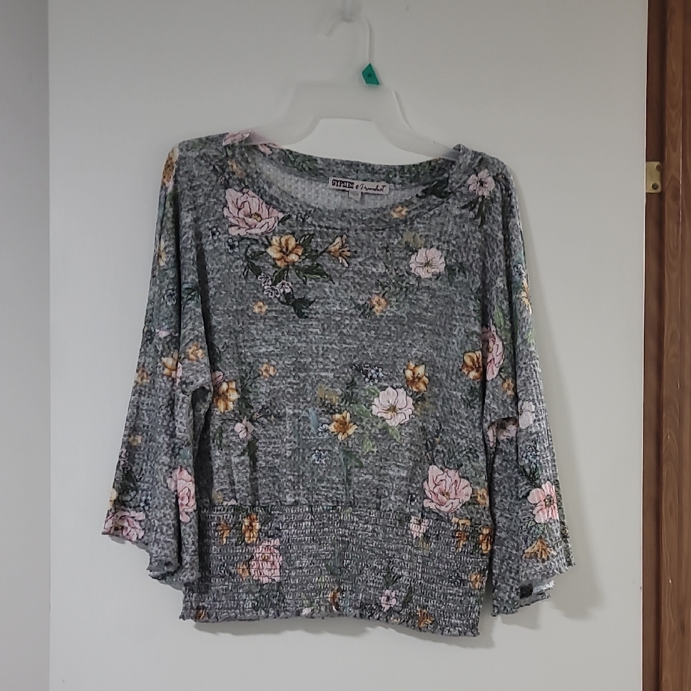 Gypsies & Moondust Grey Floral Long Sleeve Top